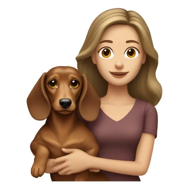 A woman with shoulder length brown hair holding a blonde colored long hair dachshund  sticker