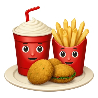 falafel and fries, with two containers with  red sauce and white sauce  sticker