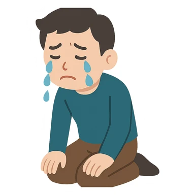 flat toon style sad Asian man kneeling, crying sticker