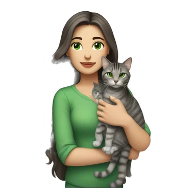 A woman with long dark brown hair and green eyes holds a gray tabby cat with green eyes in her arms sticker