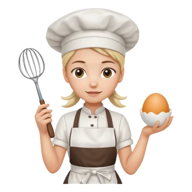 Young female pastry chef - ponytail, apron, wearing a white hat, holding an egg beater in her right hand
 sticker