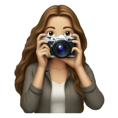 A white woman with long brown hair taking a photo with an expensive camera of nature sticker