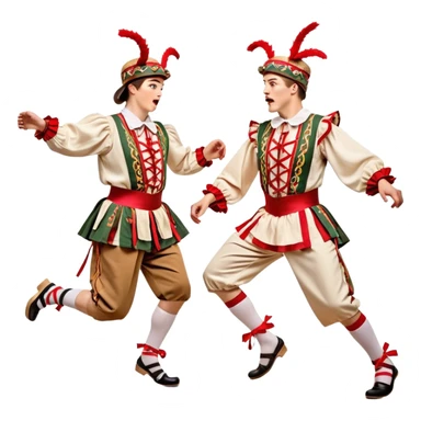Cinematic Realistic scene of two performers executing a Morris Dance in full traditional costume—with bells, ribbons, and clogs—captured in dynamic motion against a rustic English backdrop and warm, golden lighting sticker