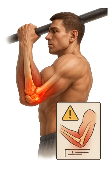 3D, vertical anatomical visualization: close-up of a man’s elbow during a pull-up, with the internal anatomy visible. A clear rupture or lesion is shown in the tendon or ligament, colored in red and orange. Swelling and inflammation are depicted around the joint. A warning icon and a small infographic explain the mechanism of injury. sticker