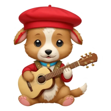 Steampunk:a very cute and adorable anthropomorphic puppy with a red beret is playing an acoustic guitar sticker