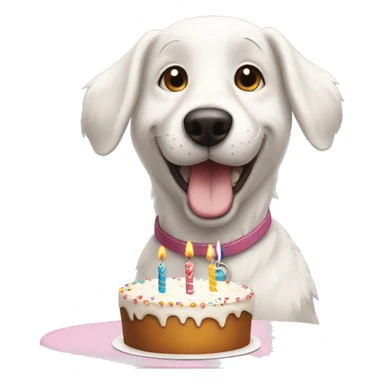Happy white dog next to a birthday cake sticker