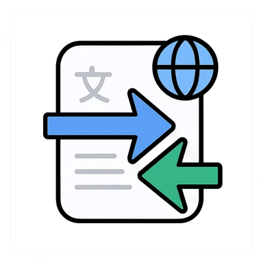 clean minimalist icon of a white rounded paper sheet with subtle horizontal lines or faint glyphs suggesting multilingual text, tiny globe overlay at the top right corner, two bold intersecting arrows from sides, left-to-right arrow in deep blue #2E5FFF, right-to-left arrow in vibrant green #00C781, professional and minimalist style suitable for translation tools sticker