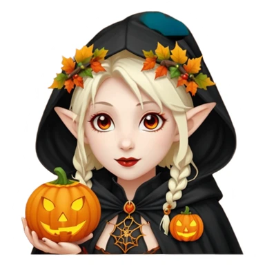female elf vampire emoji, pale skin, red eyes, elegant face, autumn leaf and pumpkin wreath on head, black hooded cloak with cobweb details, holding small glowing pumpkin lantern, Halloween fantasy theme, Apple emoji style, clean white background, square sticker