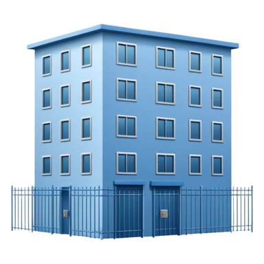 blue rectangular 9-story apartment building surrounded by fence, closed courtyard, minimal flat vector icon sticker