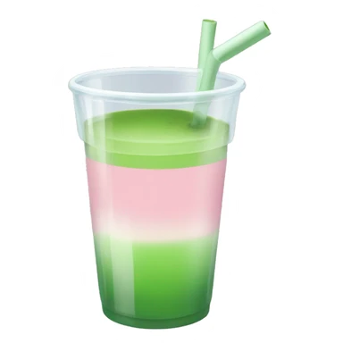 Clear cup. The bottom half of the cup has a light pink liquid, and the top half is matcha green. A transparent straw sticks out.  sticker