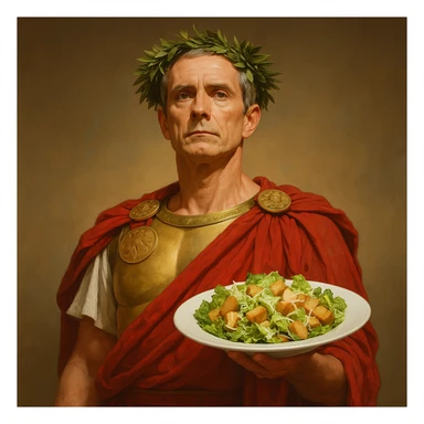 Сгенерируй мне этого цезаря, который стоит с тарелкой а на ней салат цезарь, пусть он держит тарелку одной рукой как официант sticker