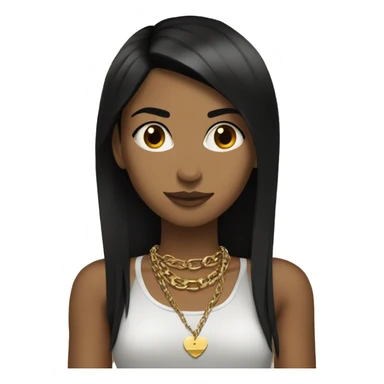 Black straight hair girl with tan skin, brown eyes and punk shitt with a gold necklace sticker