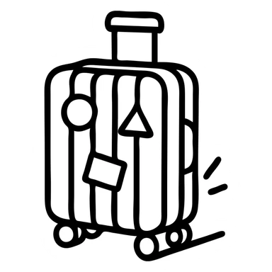 ribbed suitcase with wheels and handle, decorated with various travel stickers, shown semi-sideways or in a hand, clear thick contours, sharp shadows and highlights, no gradient blending sticker