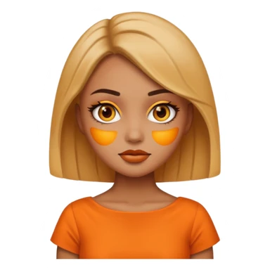 A girl tan skin face emoji with skin head styled, dramatic makeup and an orange dress. sticker