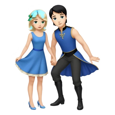 prince, black hair, blue eyes, blue garment,  Woman, blonde Hair, green eyes, bending knee, sleveless white dress, sticker