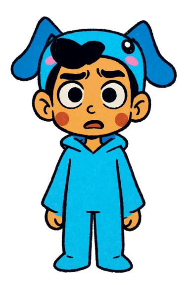 Keep the picture quality and style exactly the same as the original image. Edit the character to have a confused expression, preserving all details and style. sticker