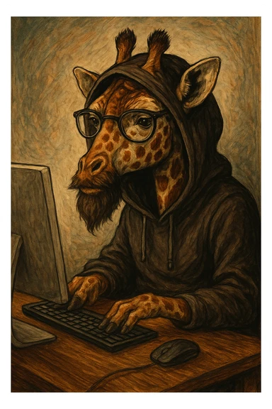 a giraffe with a beard, glasses, and a hood, sitting at a computer, detailed, distinct artistic style sticker
