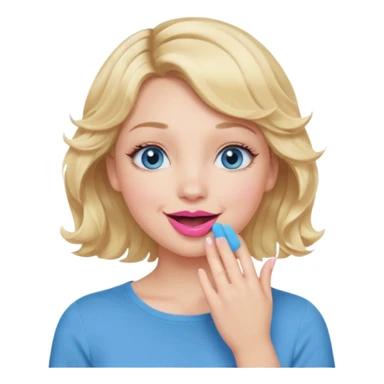 Girl Blonde short wavy hair,  blue eyes, cute blue top, long lashes, pink lips, smiling, hand over the mouth sticker