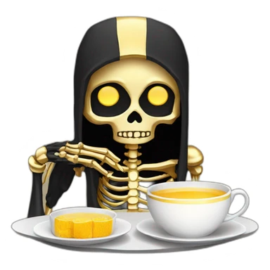 a golden skeleton with black hair and golden eyes drinking tea pixel art sticker