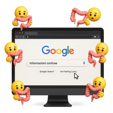 SCHERMO DI PC CON LA SCRITTA "informazioni confuse" SULLA BARRA DI RICERCA GOOGLE SULLO SCHERMO E IL CLICK DEL MOUSE SULLA SCRITTA CERCA, stile emoji iphone fluttuano in aria stringendo in mano un pezzo di colon intestinale, iperrealistico 4k sticker