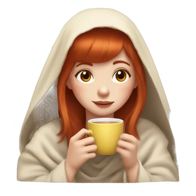 Redhead girl with straight bangs drink tea under blanket sticker