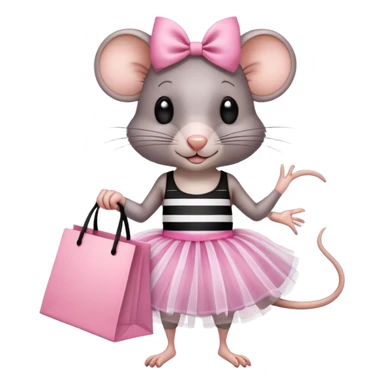 rat with a pink dress and tutu holding a black and white striped shopping bag sticker