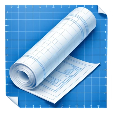 blue blueprint plan with white lines, one slightly rolled up corner, side view sticker