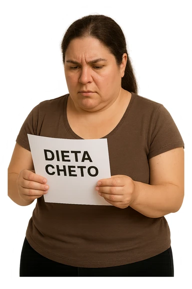donna realistica leggermente in sovrappeso che legge un foglio con la scritta "dieta Cheto", sfondo bianco, iperrealistica 4k, IPERREALISTICA 4K sticker