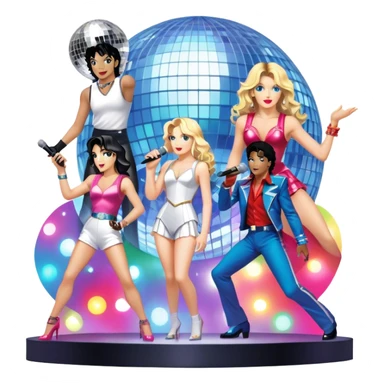 Pop music icon: vibrant stage with bright lights, microphone, synthesizer, disco ball. Collage of famous pop artists—Michael Jackson, Madonna, Britney Spears, and Taylor Swift—symbolizing iconic eras. Energetic and dynamic. Transparent background. sticker