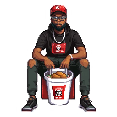 BBNO$ rapper sitting in a KFC bucket, glasses, beard, snapback cap sticker