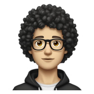 white boy white skin and squared jawline with back colored afro curly black hair and squared glasses and tattoo of black lightning on the neck sticker