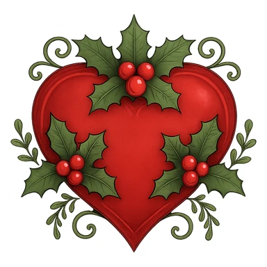 heart with Christmas theme, decorated with holly, red and green, remove background sticker