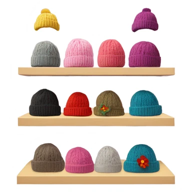 Shelf with knitted hats on mannequins and a flower sticker