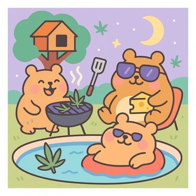 Discord server icon, square format, summer pool cookout with up to 3 hamsters smiling and enjoying themselves, weed leaves, cheese, THC theme, no disco ball, no Discord logo, near a treehouse, possibly in space, pastel toon style, soft pastel colors, playful, nostalgic, fun, inviting, summer party vibe, clear composition sticker