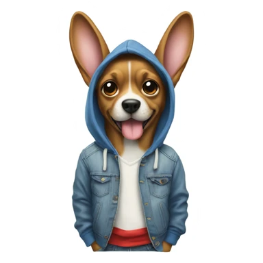 Dog wearing a hoodie blue jeans red shoes with hands in pockets with bunny ears sticker