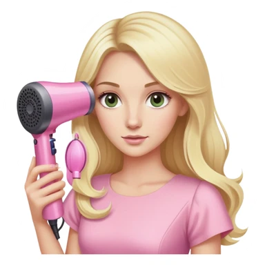 blonde with long hair, swamp eyes, pink pastel dress, holding pink Dyson hair dryer sticker