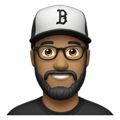 white man with glasses and black beard with a baseball hat backwards and a black t shirt sticker