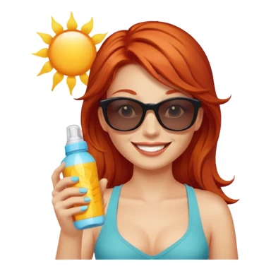 female red haired with suncream bottle and sunglasses, with sun burned sticker