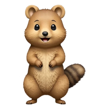 cinematic-quokka-realistic-full-body-standing on its hind legs hunched over-emoji,-small-round-frame-balanced-on-tiny-strong-hind-legs,giant fluffy cheeks large smile-fluffy-brown-fur-radiating-a-warm-softness skinny tail, ,-big-round-eyes-filled-with-joy-and-innocence,-tiny-clawed-paws-held-close-to-chest,-cheerful-smile-exuding-endearing-happiness,-simplified-yet-realistic-focused-features,-highly-detailed,-glowing-with-a-sunny-warmth, expressive eyes  sticker