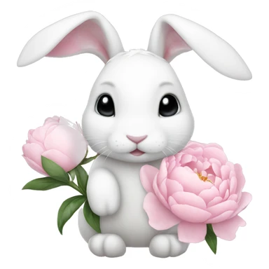 cute white bunny holding light pink peonies sticker
