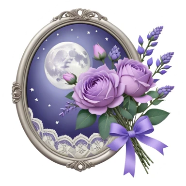 Under the soft light of a vintage brass lantern, a small bundle of lilac roses, indigo peonies, and delicate lavender sprigs is tied with a lace ribbon in a muted violet hue. Above, the sky is scattered with tiny silver stars, reflecting gently in the antique hand mirror with a moon-shaped handle beside the bouquet. sticker