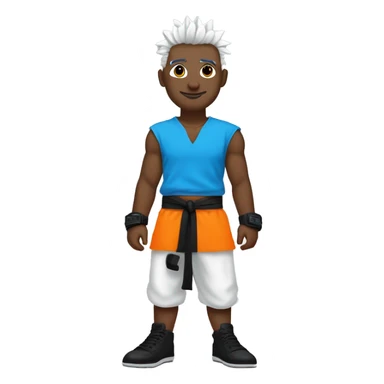 Silver spiked hair
White skin
Black eyes
Orange gi over blue short-sleeved T-shirt
Black shoes
Black wrist bands on both wrists
Black belt sticker