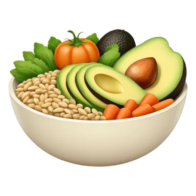 Minimalistic flat vector icon, iOS style, thin black contour on white background. Bowl with vegetables, grains, and avocado slices inside. Clean, no text, no shadows sticker