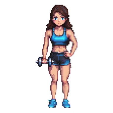 brunette girl in gym wear lifting a dumbbell, pixel art style sticker