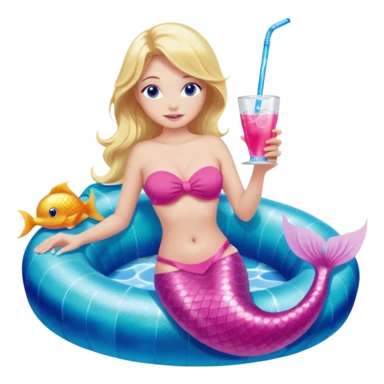 woman who is a mermaid with blonde hair and blue eyes sitting in a pink pool tube in a blue pool sipping a drink wearing a pink bikini top and a pink mermaid tail  sticker