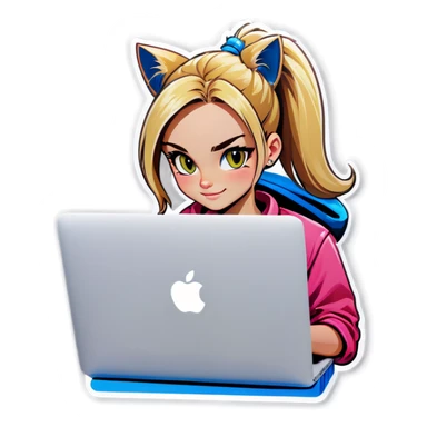 Blonde girl ponytail macBook and a cat sticker