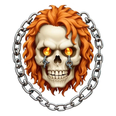cinematic realistic steam-punk Megadeth iconic skull mascot with a rusty chain in his teeth, huge curly orange hair sticker