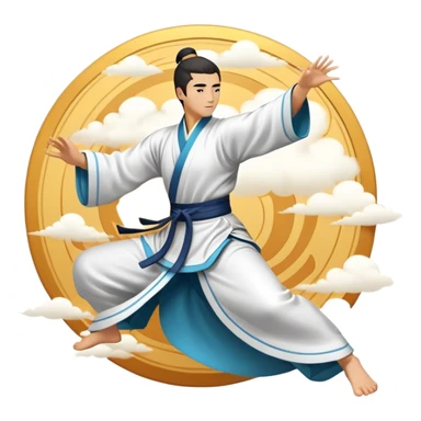 Emblem symbolizing Wushu martial arts. A graceful martial artist performs a dynamic kung fu pose, with flowing movements and a long, elegant robe. The background features stylized clouds and traditional Chinese symbols, representing fluidity, balance, and precision. Transparent background. sticker