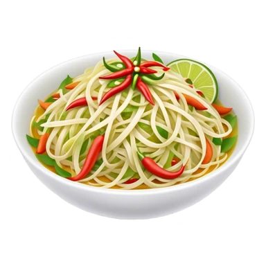 Cinematic Realistic Som Tam (Papaya Salad) Dish Emoji, featuring a spicy, tangy salad of shredded green papaya with chili and lime rendered with crisp textures and bright, lively lighting. sticker