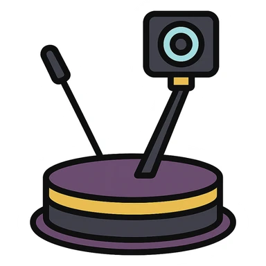 luxurious 360 camera booth with spinning platform, decorated in purple, black, and gold, elegant and sophisticated style for luxury events sticker